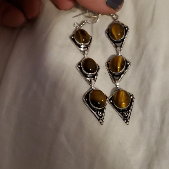 New Amazing Tiger Eye 925 Silver Dangle Earrings. - Picture 5 of 5